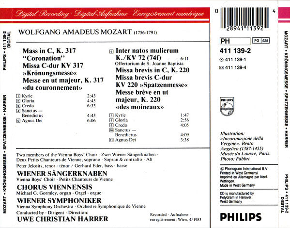 Wolfgang Amadeus Mozart · Die Wiener Sängerknaben = Die Wiener Sängerknaben · Chorus Viennensis · Wiener Symphoniker · Uwe Christian Harrer : Krönungsmesse = "Coronation Mass" In C Major, K. 317 / Spatzenmesse (CD, Album, RP)