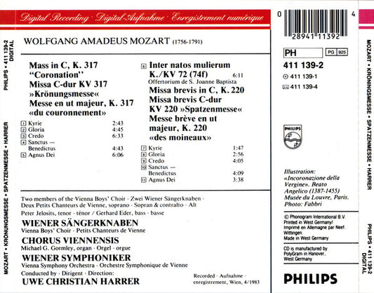 Wolfgang Amadeus Mozart · Die Wiener Sängerknaben = Die Wiener Sängerknaben · Chorus Viennensis · Wiener Symphoniker · Uwe Christian Harrer : Krönungsmesse = "Coronation Mass" In C Major, K. 317 / Spatzenmesse (CD, Album, RP)