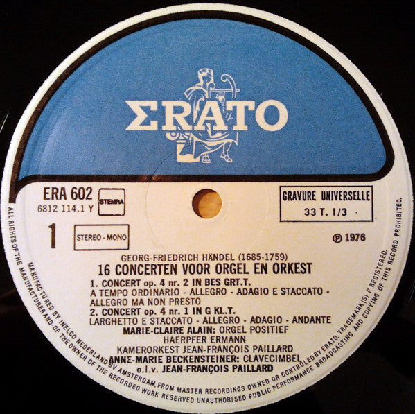 Georg Friedrich Händel, Marie-Claire Alain, Orchestre De Chambre Jean-François Paillard : 16 orgelconcerten 1-4 (LP)