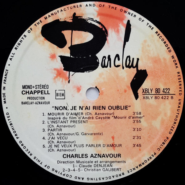 Charles Aznavour : Non, Je N'ai Rien Oublié (LP, Album)