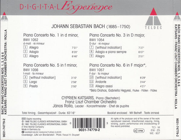Johann Sebastian Bach - Cyprien Katsaris, Liszt Ferenc Chamber Orchestra, János Rolla : Piano Concertos Nos. 1, 3, 5 & 6 (CD, Album)