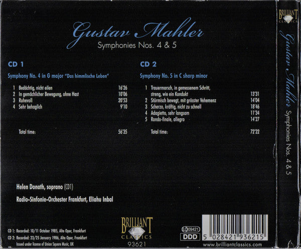 Gustav Mahler, Radio-Sinfonie-Orchester Frankfurt, Eliahu Inbal : Symphonies Nos. 4 & 5 (2xCD)