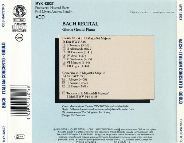 Johann Sebastian Bach, Glenn Gould : Bach Recital (Italian Concerto, Partita, Toccata) (CD, Comp, RE, DAD)
