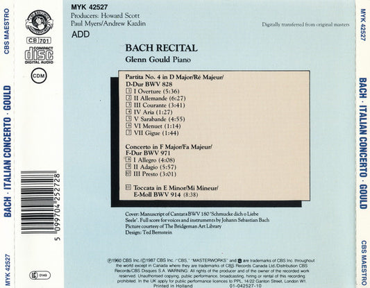 Johann Sebastian Bach, Glenn Gould : Bach Recital (Italian Concerto, Partita, Toccata) (CD, Comp, RE, DAD)