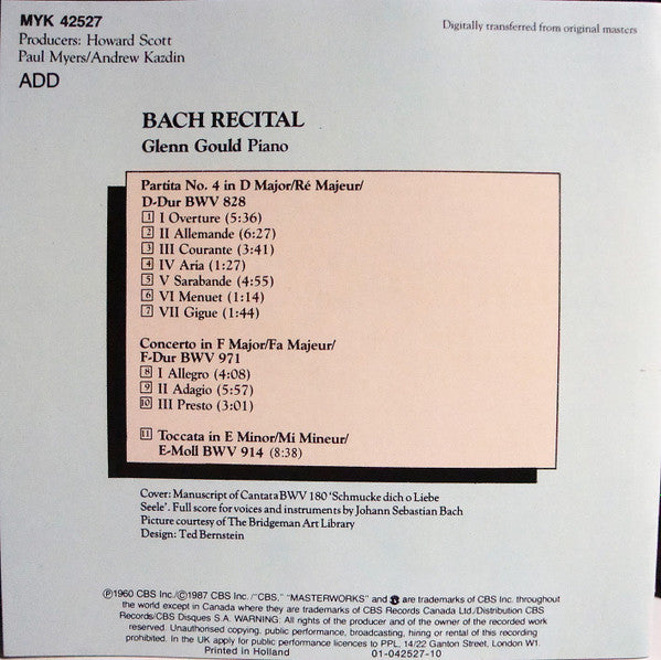 Johann Sebastian Bach, Glenn Gould : Bach Recital (Italian Concerto, Partita, Toccata) (CD, Comp, RE, DAD)