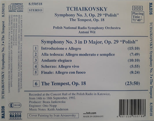 Pyotr Ilyich Tchaikovsky, Wielka Orkiestra Symfoniczna Polskiego Radia I Telewizji, Antoni Wit : Symphony No. 3 "Polish" / The Tempest Op. 18 (CD, Album, RP)