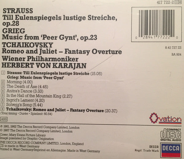 Richard Strauss, Edvard Grieg, Pyotr Ilyich Tchaikovsky, Wiener Philharmoniker, Herbert von Karajan : Till Eulenspiegel / Peer Gynt / Romeo & Juliet (CD, Comp, RM)