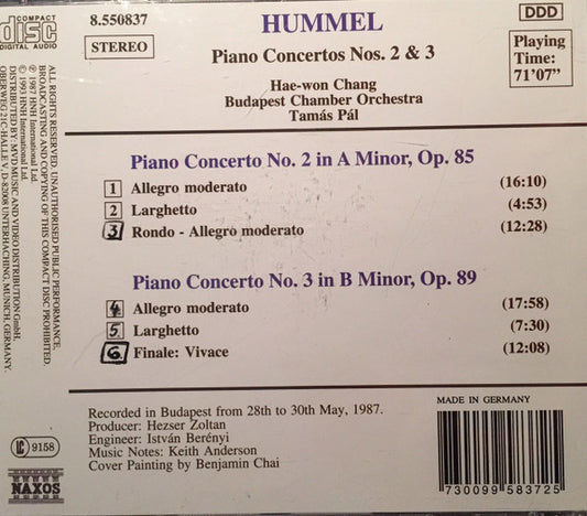 Johann Nepomuk Hummel, Hae-Won Chang, Budapest Chamber Ensemble, Tamás Pál : Piano Concertos No. 2, Op. 85 / No. 3, Op. 89 (CD)
