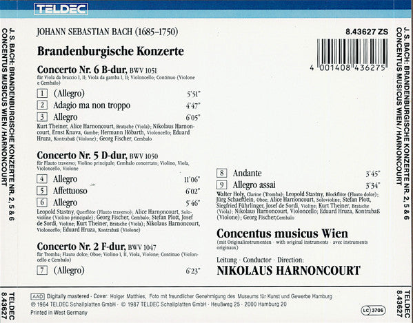 Johann Sebastian Bach, Concentus Musicus Wien, Nikolaus Harnoncourt : Brandenburgische Konzerte N° 2, 5 & 6 (CD, Album, RE, RM)