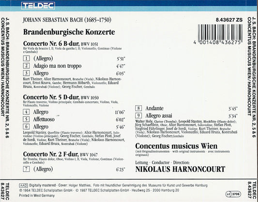 Johann Sebastian Bach, Concentus Musicus Wien, Nikolaus Harnoncourt : Brandenburgische Konzerte N° 2, 5 & 6 (CD, Album, RE, RM)