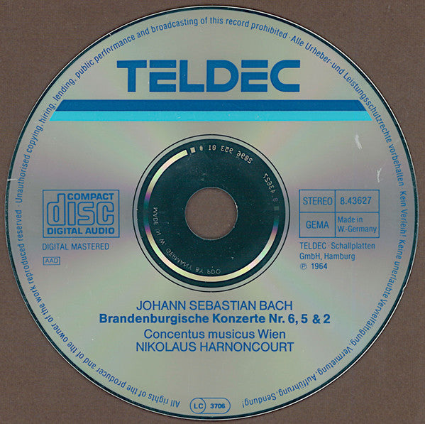 Johann Sebastian Bach, Concentus Musicus Wien, Nikolaus Harnoncourt : Brandenburgische Konzerte N° 2, 5 & 6 (CD, Album, RE, RM)