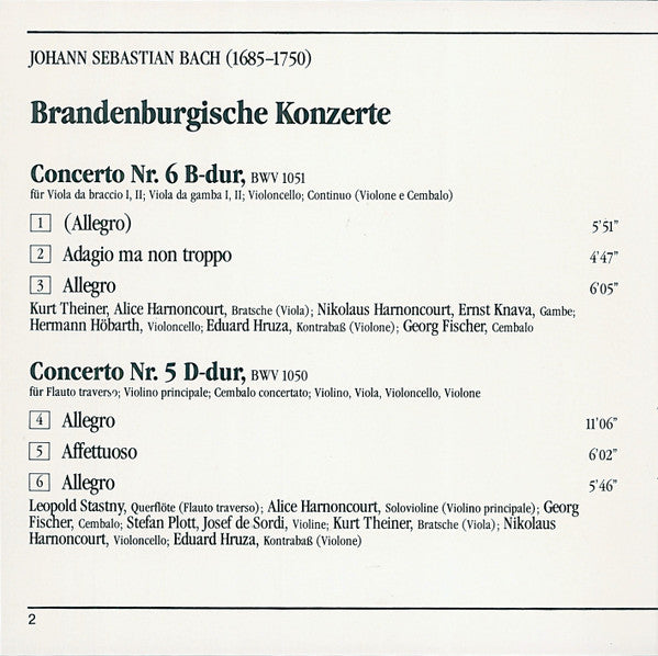 Johann Sebastian Bach, Concentus Musicus Wien, Nikolaus Harnoncourt : Brandenburgische Konzerte N° 2, 5 & 6 (CD, Album, RE, RM)