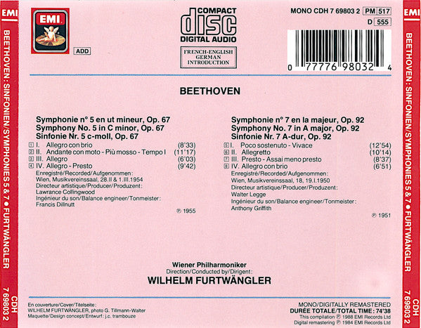 Ludwig van Beethoven / Wiener Philharmoniker, Wilhelm Furtwängler : Sinfonien / Symphonies Nr 5 C Moll / In C Minor / En Ut Mineur, Op, 67 - Nr7 A-Dur / In A Major / En La Majeur, Op. 92  (CD, Comp, Mono, RM)