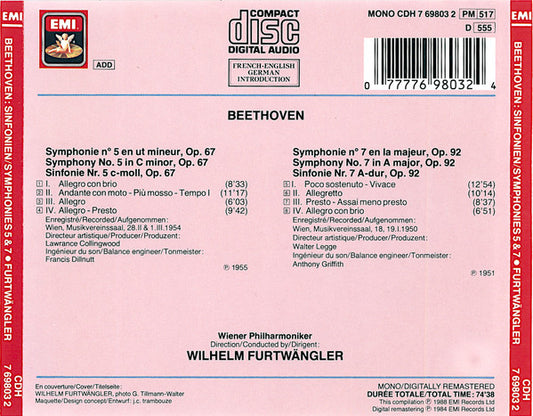 Ludwig van Beethoven / Wiener Philharmoniker, Wilhelm Furtwängler : Sinfonien / Symphonies Nr 5 C Moll / In C Minor / En Ut Mineur, Op, 67 - Nr7 A-Dur / In A Major / En La Majeur, Op. 92  (CD, Comp, Mono, RM)