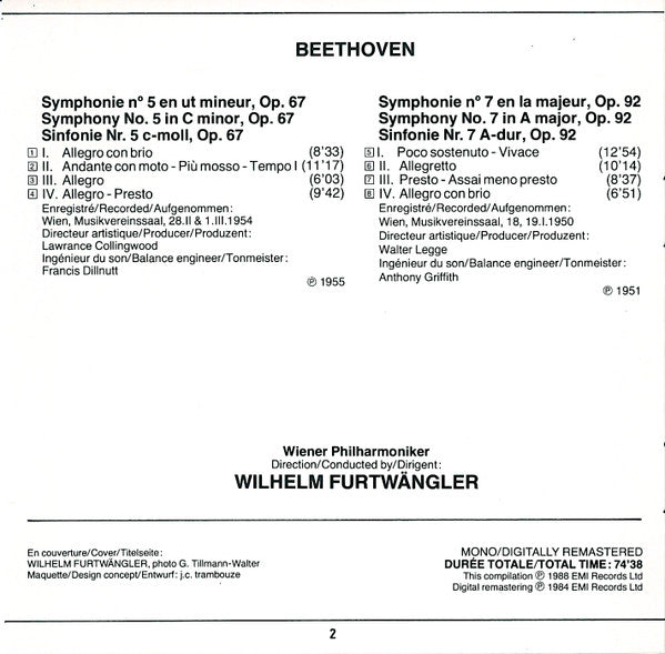 Ludwig van Beethoven / Wiener Philharmoniker, Wilhelm Furtwängler : Sinfonien / Symphonies Nr 5 C Moll / In C Minor / En Ut Mineur, Op, 67 - Nr7 A-Dur / In A Major / En La Majeur, Op. 92  (CD, Comp, Mono, RM)