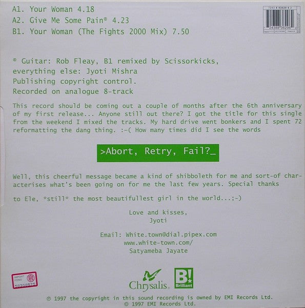 White Town : >Abort, Retry, Fail?_ Your Woman (12", Single)