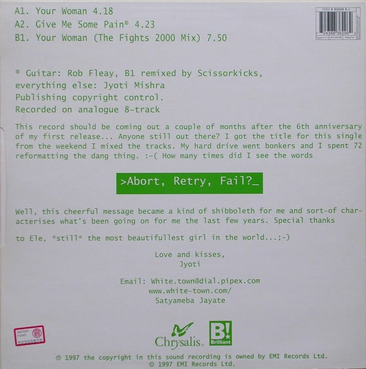 White Town : >Abort, Retry, Fail?_ Your Woman (12", Single)