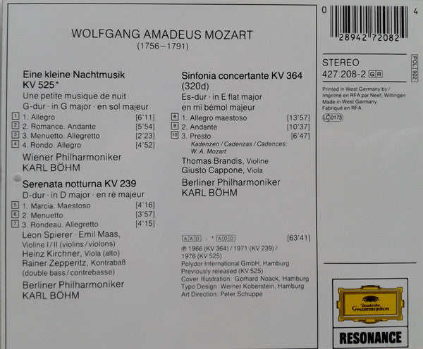 Wolfgang Amadeus Mozart, Karl Böhm : Eine Kleine Nachtmusik - Serenata Notturna KV 239 - Sinfonia Concertante KV 364 (CD, Comp, RE)