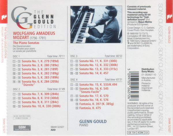 Wolfgang Amadeus Mozart, Glenn Gould : The Complete Piano Sonatas; Fantasias K. 397 & K. 475 (4xCD, Comp)