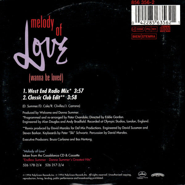 Donna Summer : Melody Of Love (Wanna Be Loved) (CD, Single)