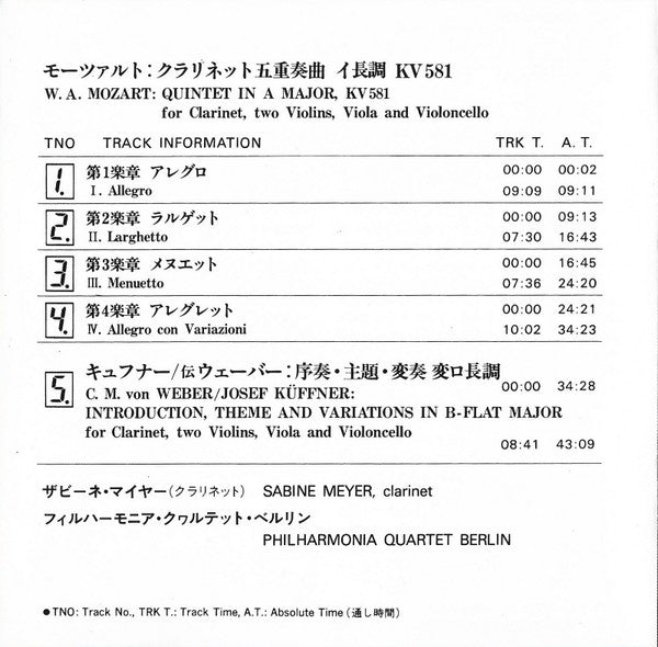 Wolfgang Amadeus Mozart, Carl Maria von Weber, Joseph Küffner, Sabine Meyer, Philharmonia Quartett Berlin : Clarinet Quintet In A Major, KV581 / Introduction, Theme & Variations (CD, Emp)