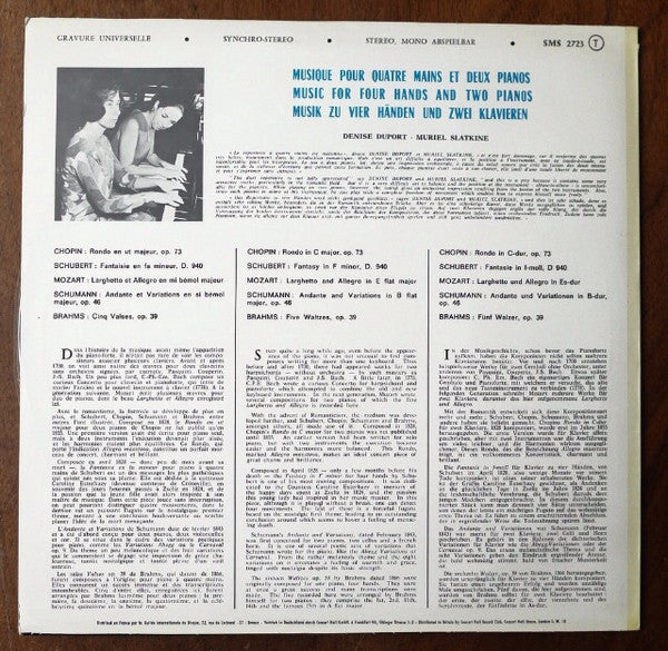 Denise Duport, Muriel Slatkine : Masterpieces For Piano Duo (LP)