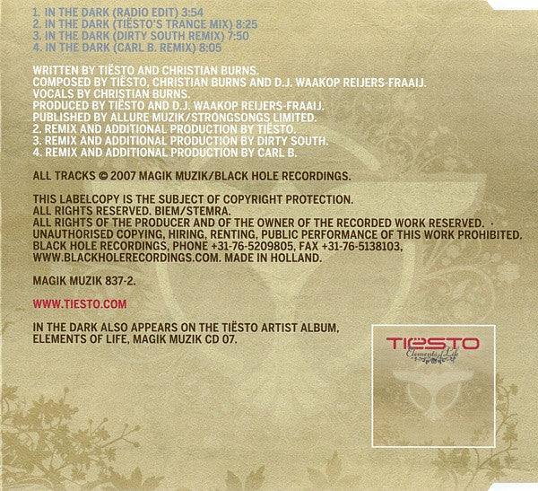 DJ Tiësto Featuring Christian Burns : In The Dark (CD, Maxi)
