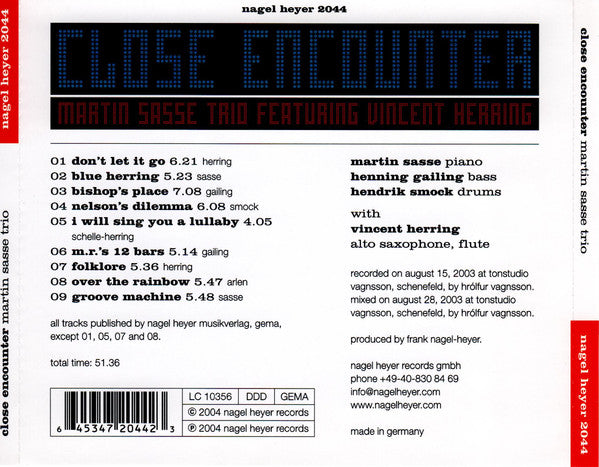 Martin Sasse Trio Featuring Vincent Herring : Close Encounter (CD, Album)