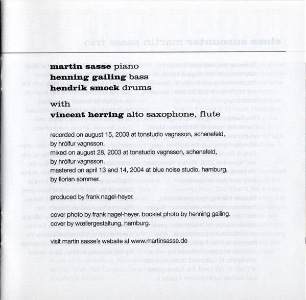 Martin Sasse Trio Featuring Vincent Herring : Close Encounter (CD, Album)