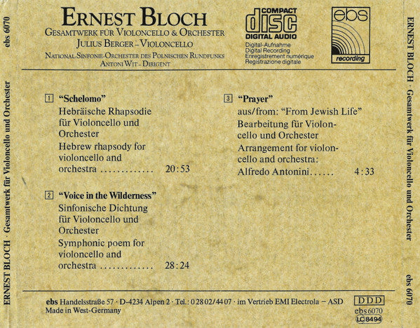 Ernest Bloch, Julius Berger, Wielka Orkiestra Symfoniczna Polskiego Radia I Telewizji, Antoni Wit : Gesamtwerk Für Violoncello & Orchester = Complete Works For Violoncello & Orchestra (CD)