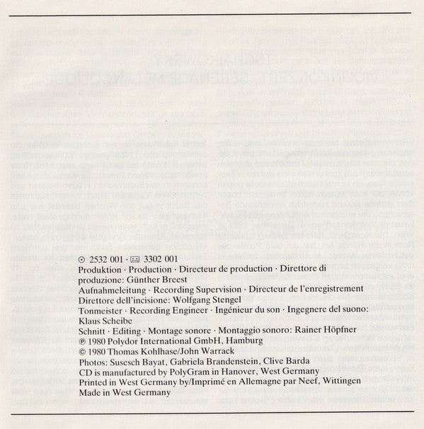 Pyotr Ilyich Tchaikovsky, Gidon Kremer, Berliner Philharmoniker, Lorin Maazel : Violinkonzert = Violin Concerto = Concert Pour Violon / Sérénade Mélancolique (CD, Album, RE)