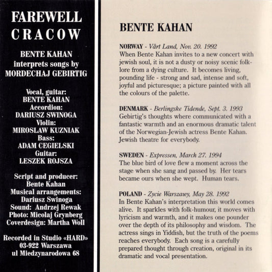 Bente Kahan : Farewell Cracow (CD)