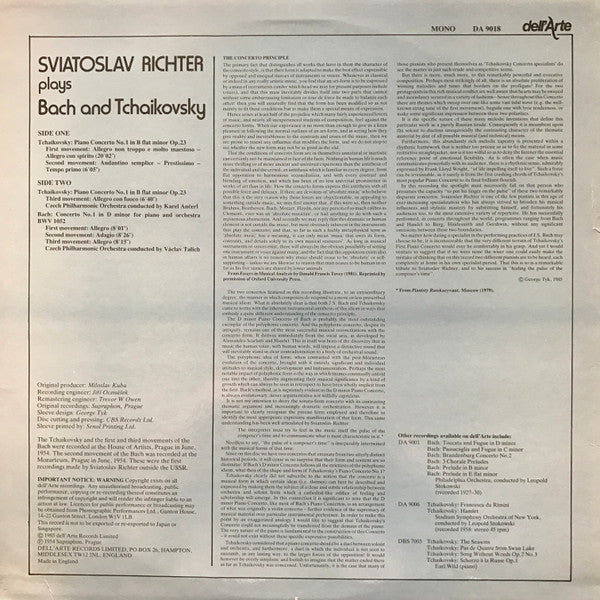 Sviatoslav Richter, Johann Sebastian Bach, Pyotr Ilyich Tchaikovsky : Piano Concerto No.1 D Minor / Piano Concerto No.1 B Flat Minor (LP, Comp, Mono)