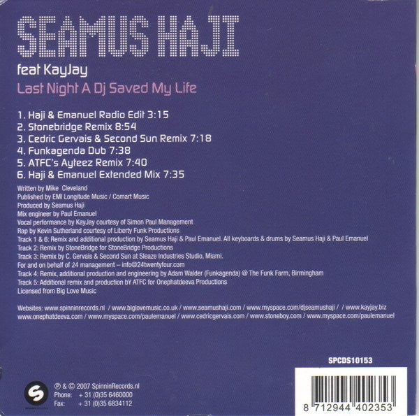 Seamus Haji Feat. KayJay : Last Night A DJ Saved My Life (CD, Single)