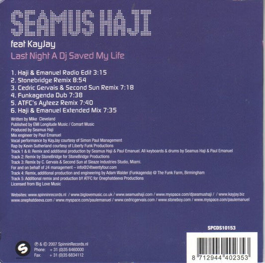 Seamus Haji Feat. KayJay : Last Night A DJ Saved My Life (CD, Single)