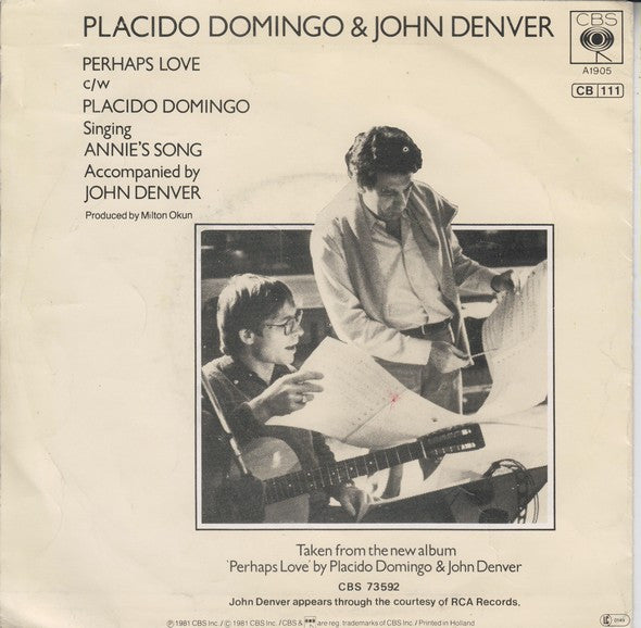 Placido Domingo & John Denver : Perhaps Love (7", Single)