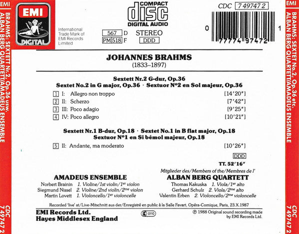 Brahms*, Mitglieder Des Alban Berg Quartett*, Mitglieder Des Amadeus Ensemble* : Streichsextett = String Sextet = Sextuor À Cordes No. 2 (CD)