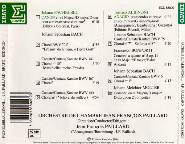 Johann Pachelbel / Tomaso Albinoni, Orchestre De Chambre Jean-François Paillard, Jean-François Paillard : Pachelbel/Canon - Albinoni/Adagio (CD, Album, RE)