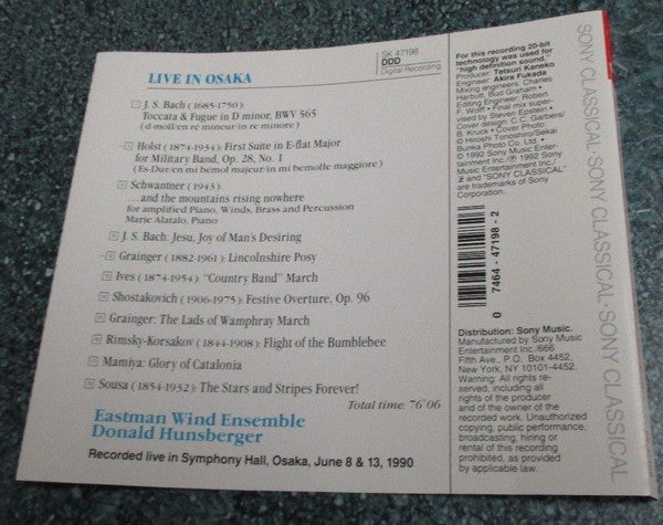 Eastman Wind Ensemble, Donald Hunsberger : Live In Osaka (CD, Album)