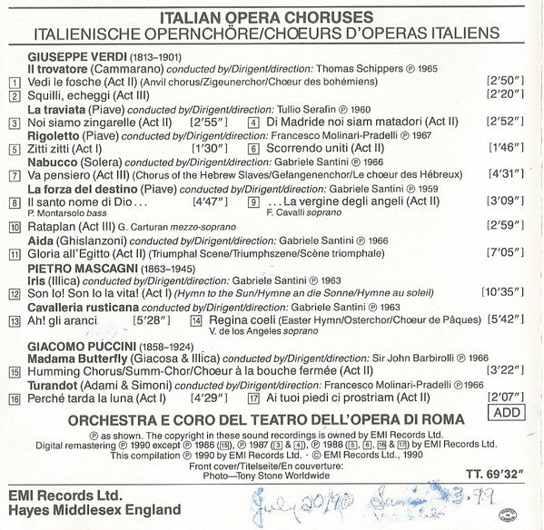Coro Del Teatro Dell'Opera Di Roma : Italian Opera Choruses (CD, Comp)