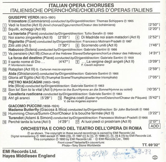 Coro Del Teatro Dell'Opera Di Roma : Italian Opera Choruses (CD, Comp)