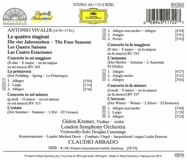 Antonio Vivaldi ‎, Gidon Kremer, London Symphony Orchestra, Claudio Abbado : Le Quattro Stagioni (CD, Album, RE, RM)