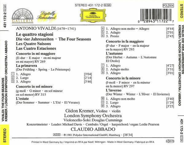Antonio Vivaldi ‎, Gidon Kremer, London Symphony Orchestra, Claudio Abbado : Le Quattro Stagioni (CD, Album, RE, RM)