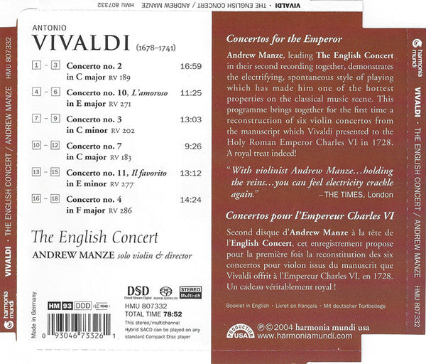 Antonio Vivaldi, The English Concert, Andrew Manze : Concertos For The Emperor (SACD, Hybrid, Multichannel)