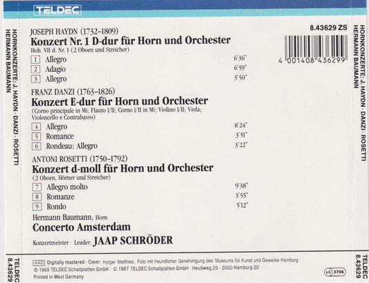Joseph Haydn • Franz Danzi • Antonio Rosetti • Hermann Baumann • Concerto Amsterdam, Jaap Schröder : Hornkonzert - Horn Concertos (CD, Album, RM)