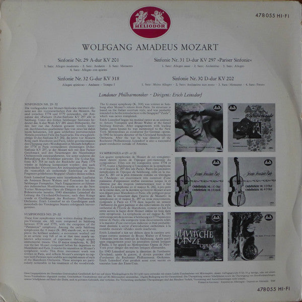 Wolfgang Amadeus Mozart - Philharmonic Symphony Of London, Erich Leinsdorf : Pariser Sinfonie (LP)