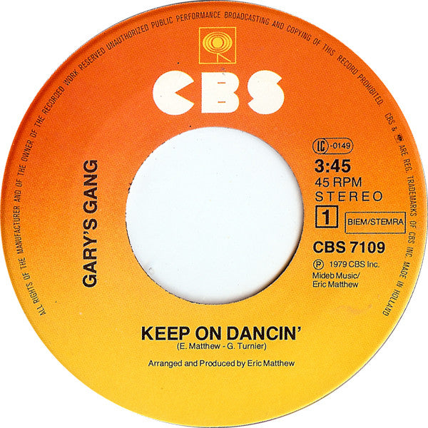 Gary's Gang : Keep On Dancin' (7", Single)
