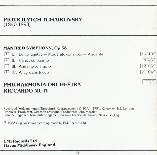 Pyotr Ilyich Tchaikovsky, Riccardo Muti, Philharmonia Orchestra : Manfred Symphony (CD, RE)