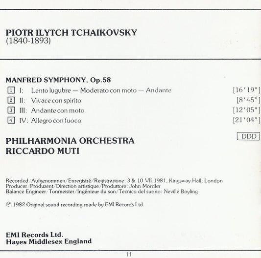 Pyotr Ilyich Tchaikovsky, Riccardo Muti, Philharmonia Orchestra : Manfred Symphony (CD, RE)