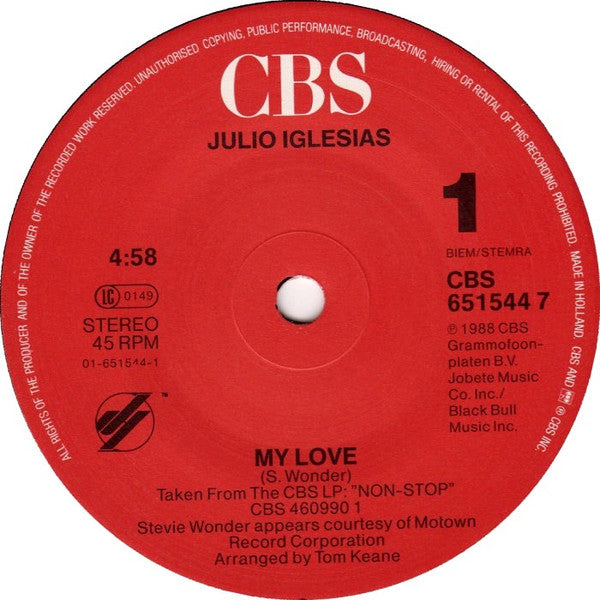 Julio Iglesias Featuring Stevie Wonder : My Love (7", Single, Sma)